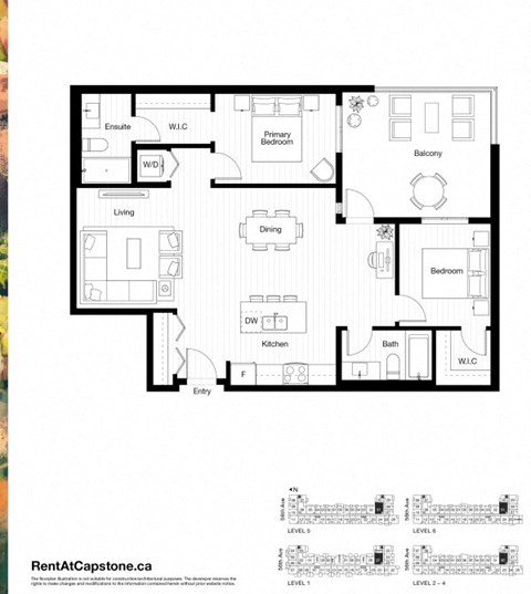 A floor plan of an apartment with a living room, dining room, kitchen, and two bedrooms.